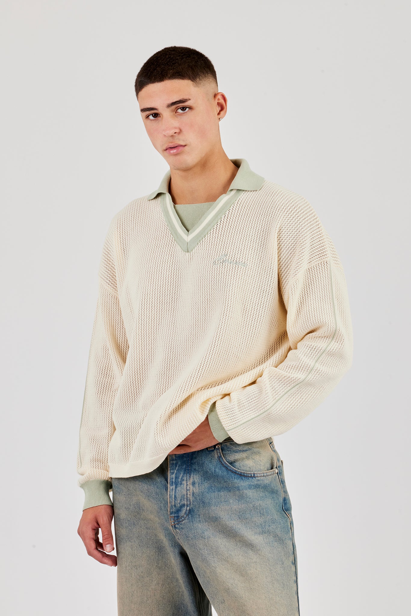 Knitted Cernucci Long Sleeve Polo - Green